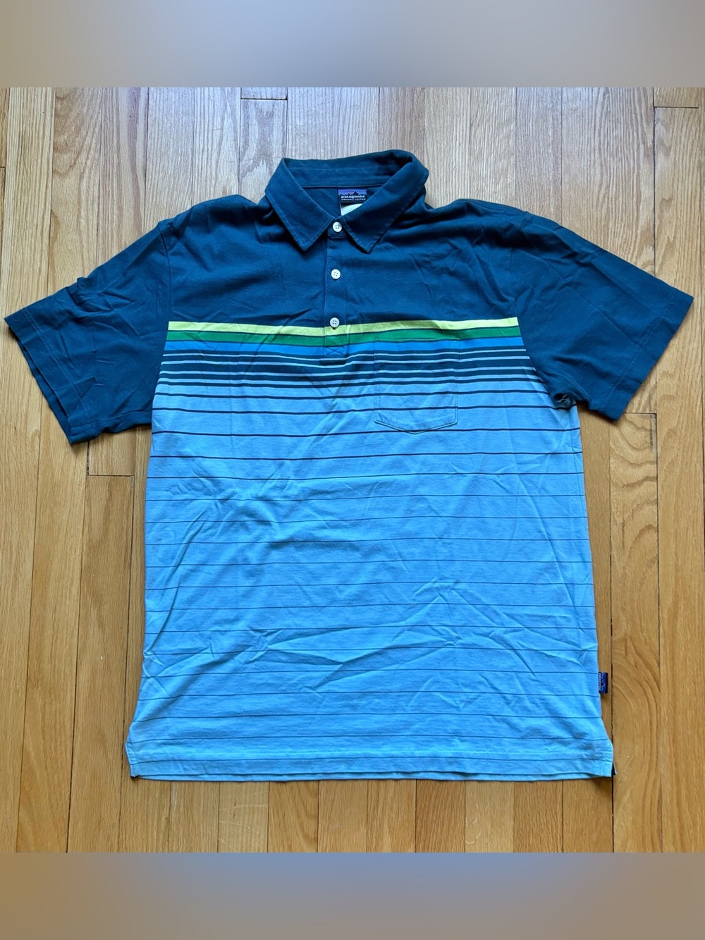 Patagonia Organic Cotton Men’s Short Sleeve Polo Shirt Medium Blue Striped